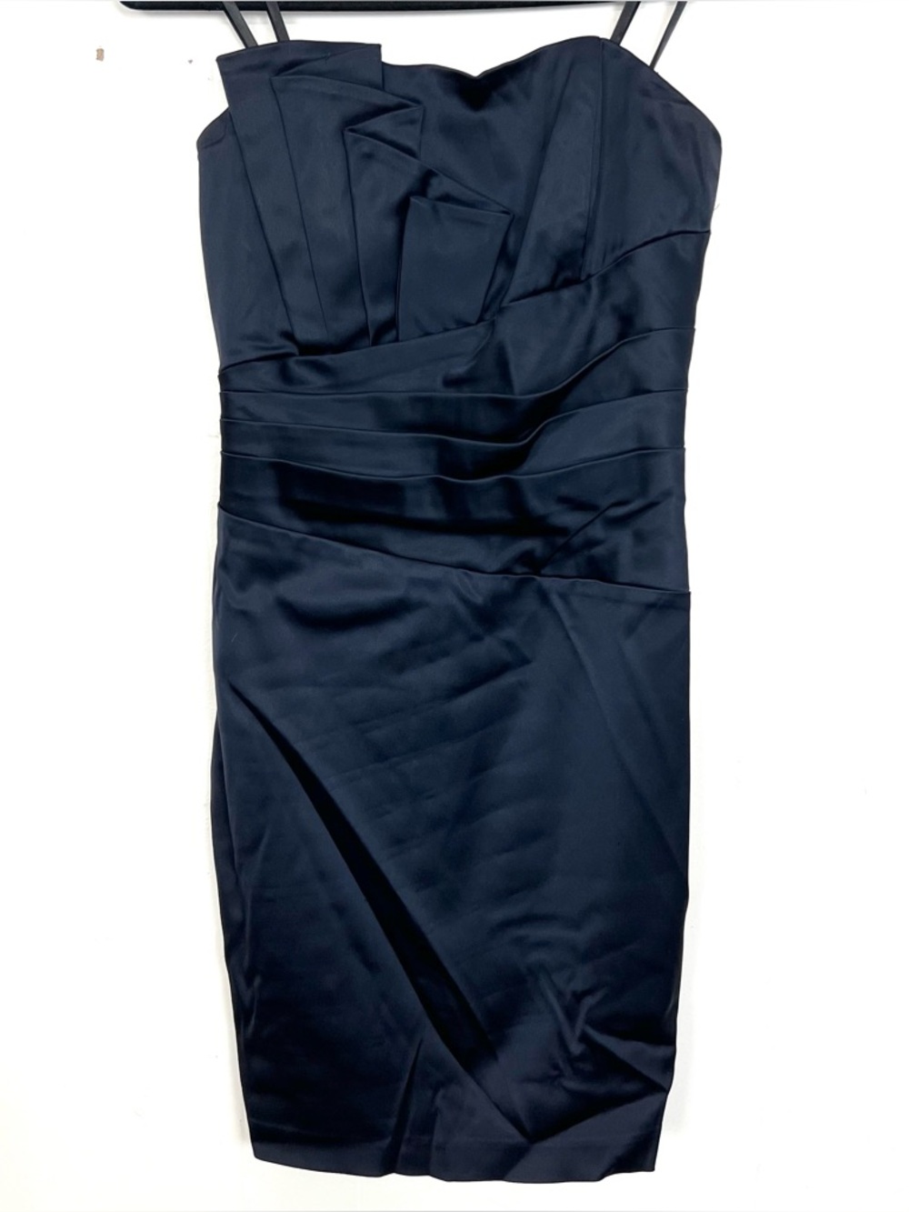 Caché Navy Satin Strapless Dress Pleated Waist 8 Medium Cache Party Cocktail - Picture 1 of 4